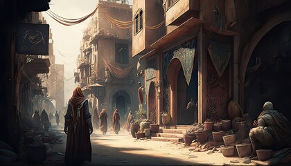 Nimble archer taking aim at a fleeing target. The environment is a bustling city street filled with vendors, shoppers, and beggars. Illustration fantasy by generative IA