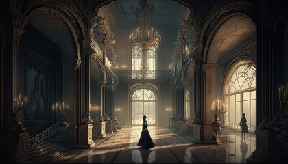 Elegant princess dancing at a grand ball. The landscape is a sprawling palace filled with glittering chandeliers, marble columns, and ornate furnishings. Illustration fantasy by generative IA