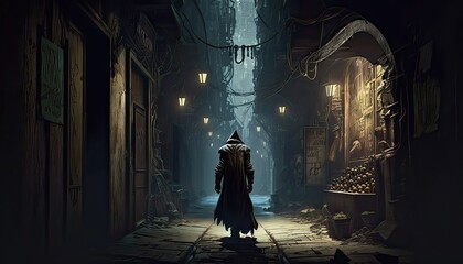 Obraz na płótnie Canvas Goblin assassin sneaking up on his target. The setting is a dark and creepy alley filled with shadows and strange noises. Illustration fantasy by generative IA