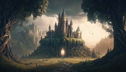Naklejka premium Sprawling castle surrounded by rolling hills and verdant fields. Illustration fantasy by generative IA