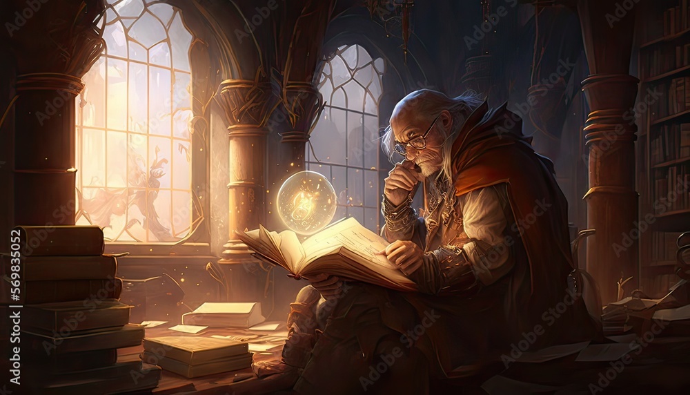 Canvas Prints young wizard learning the ways of magic. the environment is a quiet and studious library filled with