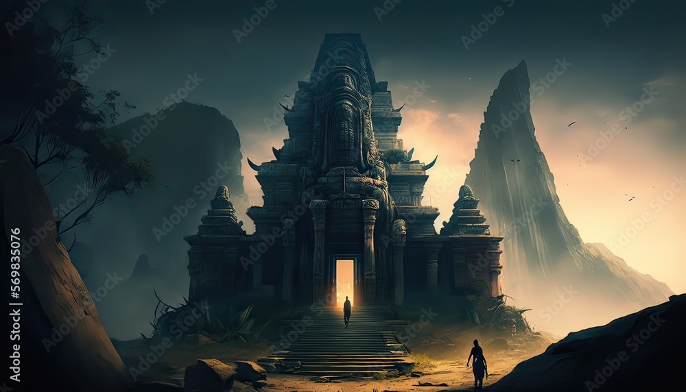 Poster A towering and imposing temple filled with mysterious symbols and ancient relics. Illustration fantasy by generative IA - Posters