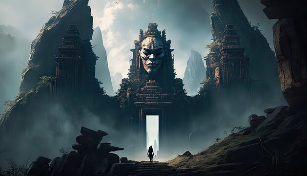 Minotaur guardsman protecting a sacred temple. The landscape is a towering and imposing temple filled with mysterious symbols and ancient relics. Illustration fantasy by generative IA