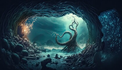 Obraz premium A cold and dank underwater cave filled with tentacles and strange whispers. Illustration fantasy by generative IA
