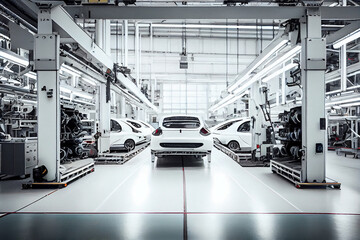 Obraz premium Robot conveyor production line of machines in a machine factory, electric machines on conveyors, process assembly of parts, green energy. Generative AI