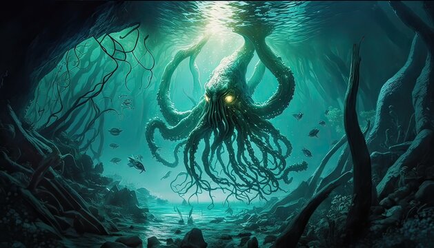 Eldritch abomination rising from the depths of the ocean. The environment is a cold and dank underwater cave filled with tentacles and strange whispers. Illustration fantasy by generative IA