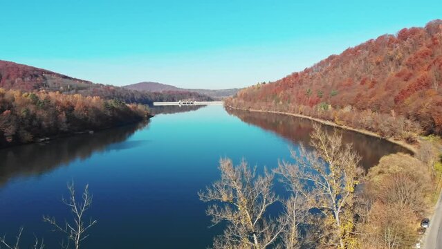 birds-eye view of a dam on lake Solina in Bieszczady, Poland. High quality 4k footage