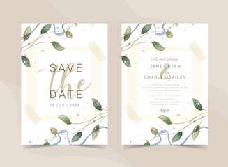 Greenery Watercolor Floral wedding invitation, template card design in rustic style