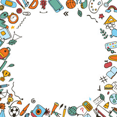 Frame made of colored stationery and school supplies on a white background. For posters and announcements. School supplies. Ready for school stuff. Back to school. Vector illustration