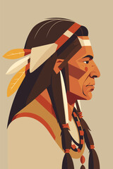 Native american indian man with feathers in profile, vector illustration
