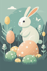 rabbit easter. Happy Easter! Easter bunnies and egg in field.