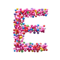 Capital letter E made of multi-colored balls, isolated on a white background.