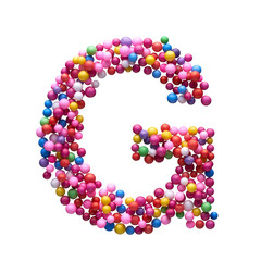 Capital letter G made of multi-colored balls, isolated on a white background.