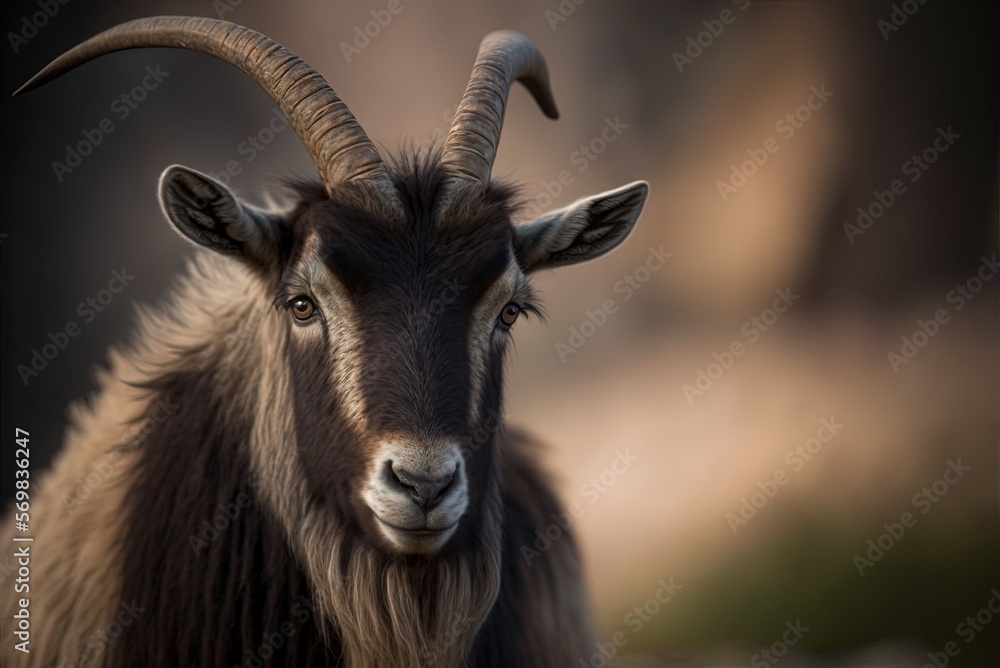 Poster a close-up of a gray goat against a hazy backdrop. generative ai