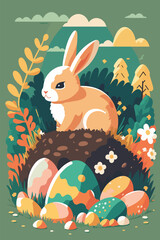 rabbit easter. Happy Easter! Easter bunnies and egg in field.