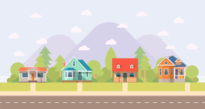 Landscape houses on the background of mountains in cartoon style for print and design.Vector illustration.