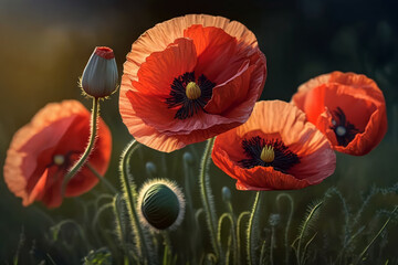 Red poppy flower close up. Wild flower bllooming in Spring. Generative AI