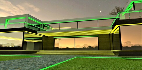 Fototapeta na wymiar Entrance to a contemporary low-rise suburban building at night. Glass entry door of the illuminated porch. Green glowing border of the granite paved walkway. 3d rendering.