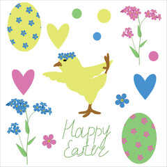 Vector pattern Easter with chicken, eggs, flowers