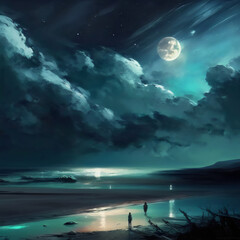 two people in a beach landscape at night with bright full moon created with generative ai