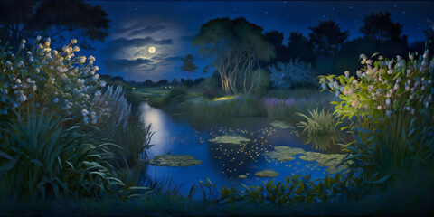 Naklejka na ściany i meble fantasy night waterscape with flowers and stars created with generative ai
