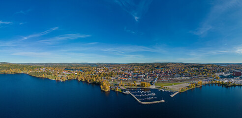 Autumn view of Ludvika town and Väsman lake in Sweden at sunset.