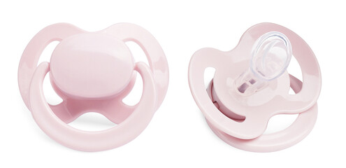 Pale pink baby pacifier on white background, views from different sides