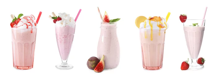 Foto op Canvas Set with different milk shakes on white background © New Africa