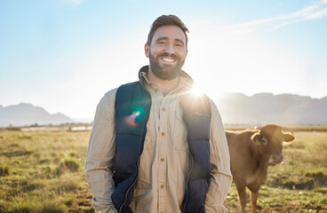 Smile, farming and portrait of man with cow on field, happy farmer in countryside with dairy and...