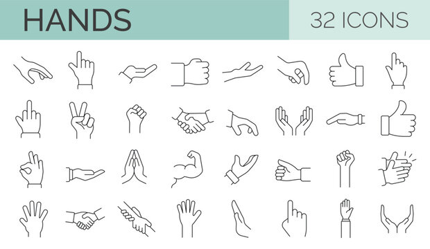 Set of 32 line icons of hands showing different gestures. Editable stroke. Vector illustration