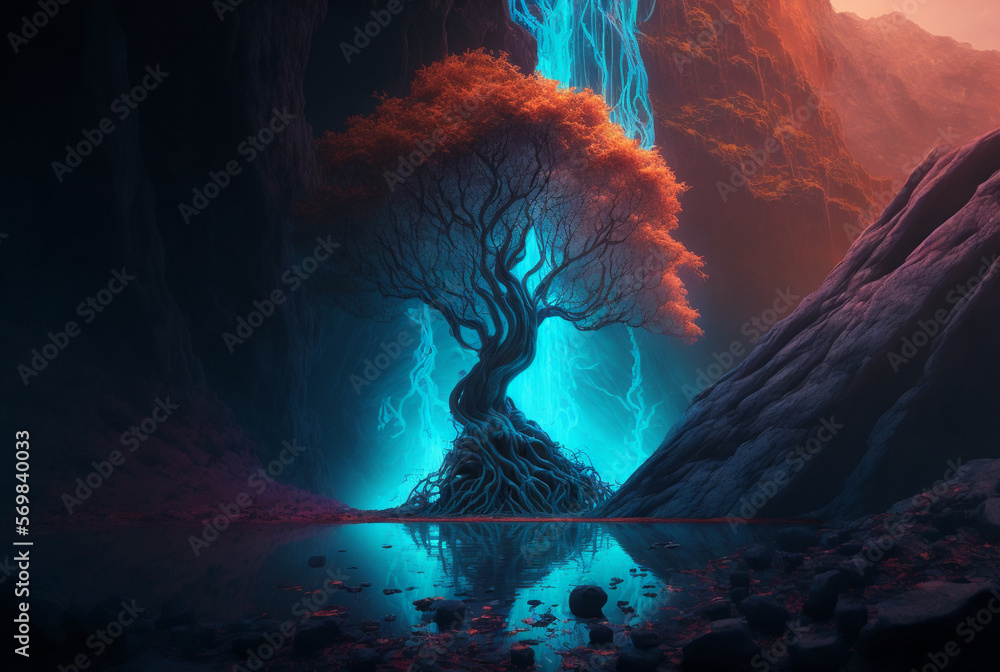Poster giant magical tree in an enchanted land. created with generative ai technology.