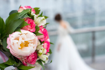 bridal bouquet pink peonies newlyweds