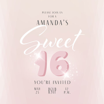 Invitation card design for Sweet 16 party celebration. Birthday party announcement	