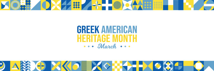 Greek American Heritage Month Background. Celebrating contribution of Greek Immigrant in United States of America in March. Horizontal website header vector illustration. Neo Geometric pattern concept