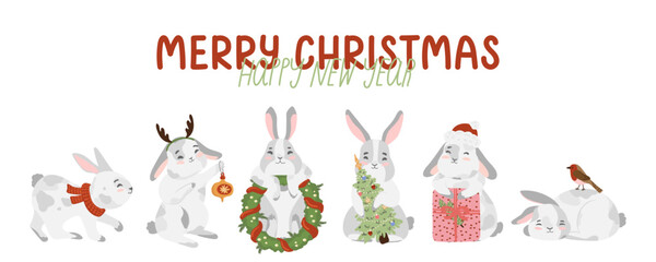 Christmas rabbit, bunny, hare collection with advent wreath, gift box, present, santa hat, christmas tree, red scarf, christmas decorations deer antler, bubble, robin bird. Happy new year 2023 banner