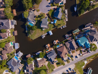 Aerial shot view of a wealthy neighborhood at the intracoastal waterways in Navarre, Florida. Waterfront homes with private docks along with the curved waterways.