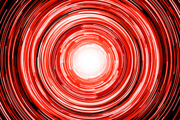 Neon circle lines with empty copy space isolated on black background. Colorful led lights long exposure rotation photo. Eco shiny light glow. Cosmos space planet abstraction. Red vortex spiral.