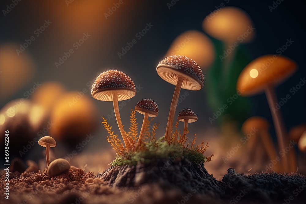 Poster cropped image of mushrooms sprouting from the ground generative ai