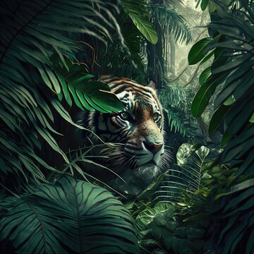 Tiger on the background of the tropical jungle. Exotic and dangerous animals, wild nature, hunting predator, sneaking, high resolution, illustrations, art. AI © Кирилл Макаров
