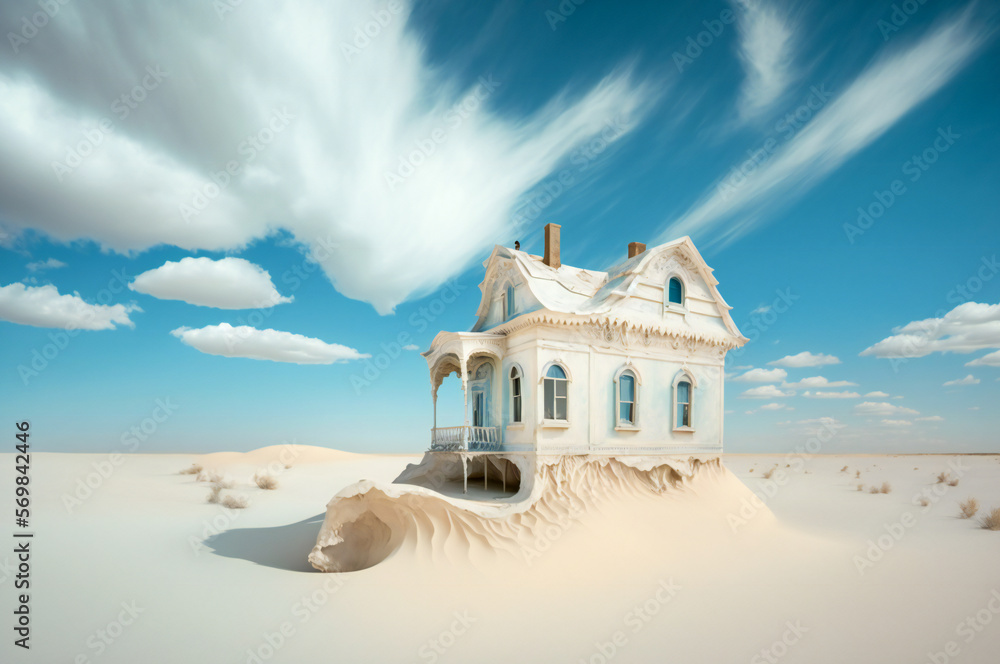 Poster lonely old house in a white desert. blue sky and clouds in background. fictional architecture. creat