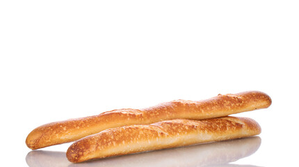 Two fragrant baguettes, macro, isolated on white background.