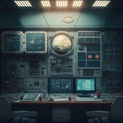 Space station control module. The latest technological achievement, the viewport from the Earth, high resolution, illustrations, art. AI