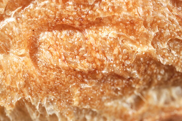 Natural Background from a fragment of a crust of wheat bread, a French baguette. Selective focus. Close-up. Space for lettering and design.