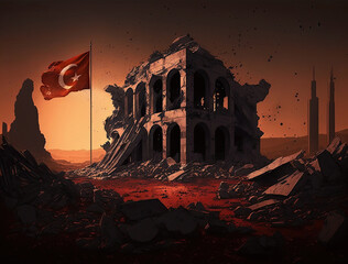 Earthquake ruined building near national Turkey flag on flagpole among ruins, rubble and debris of buildings destroyed by strong tremor. Dramatic atmosphere of destroyed houses, generative AI