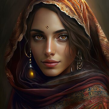 A beautiful Arab woman with a golden ornament on her forehead. Non-existent person, brown eyes, covered head, gold earrings, high resolution, illustrations, art. AI