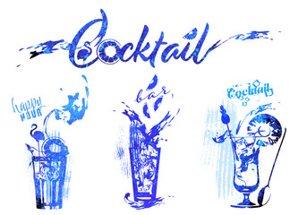 Set of cocktail glasses - Cocktail bar menu. Vector elements for restaurant and cafe. Design template with different colorful cocktails. Art for menu, shop, market or sale.