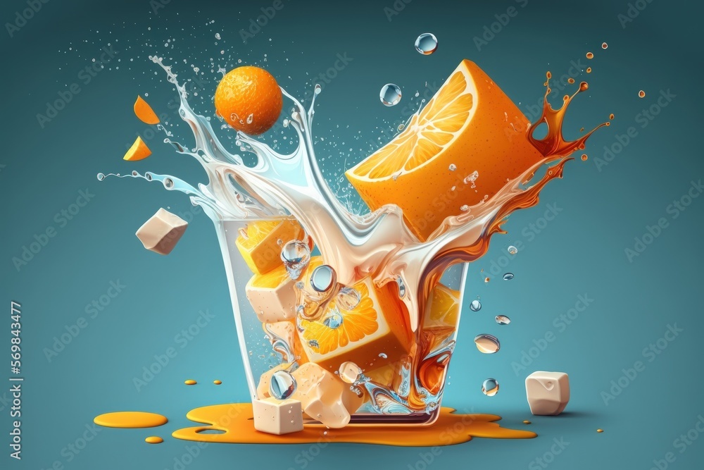 Wall mural ice cubes and orange slices splashing in a cocktail. generative ai