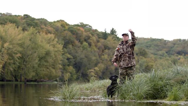 Black Labrador retrieving along the Saint Croix River with hunter.