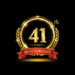 41th Anniversary logo. Golden anniversary logo design with laurel wreath and red ribbon. Logo Vector Illustration