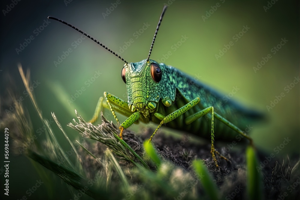 Poster green grasshopper in shallow depth of field on a grass blade generative ai